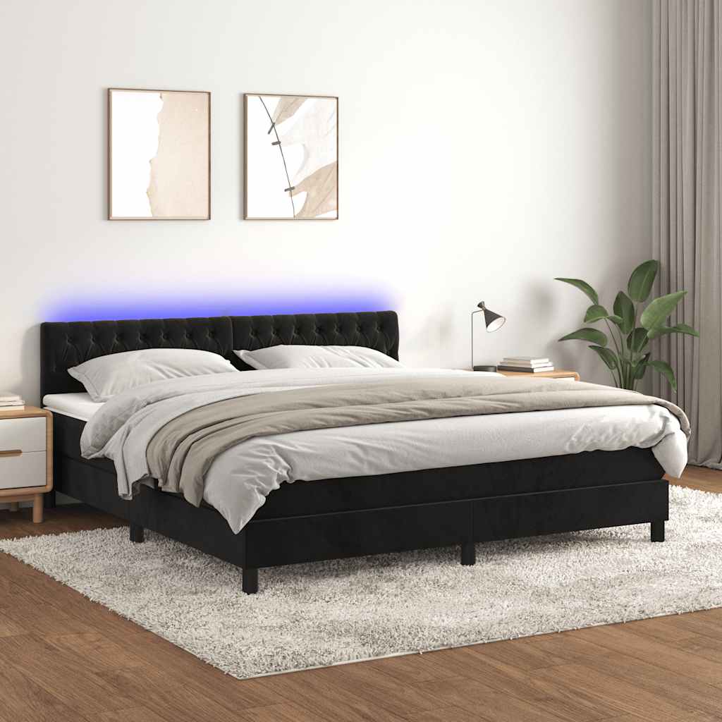 fekete bársony rugós és LED-es ágy matraccal 180x200 cm