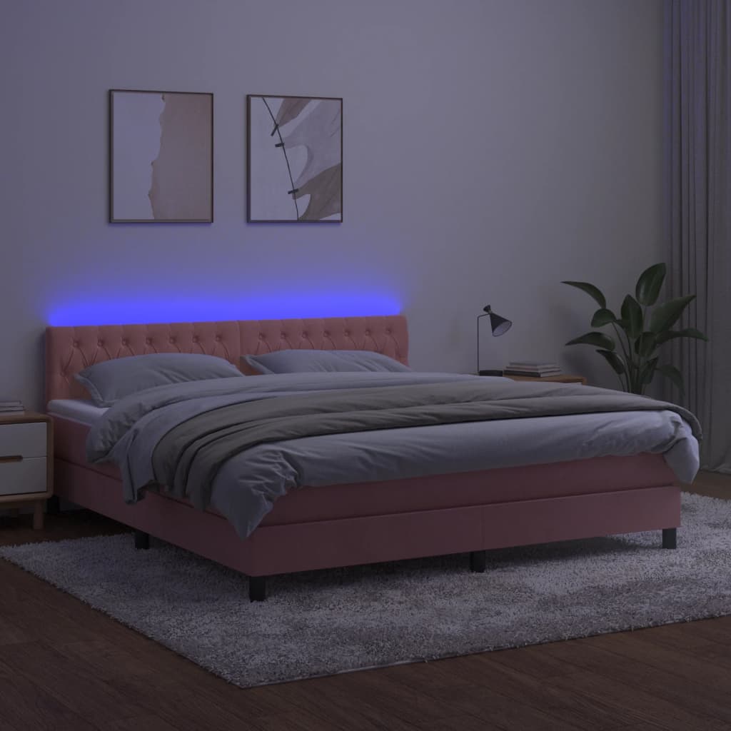 rózsaszín bársony rugós és LED-es ágy matraccal 180x200 cm