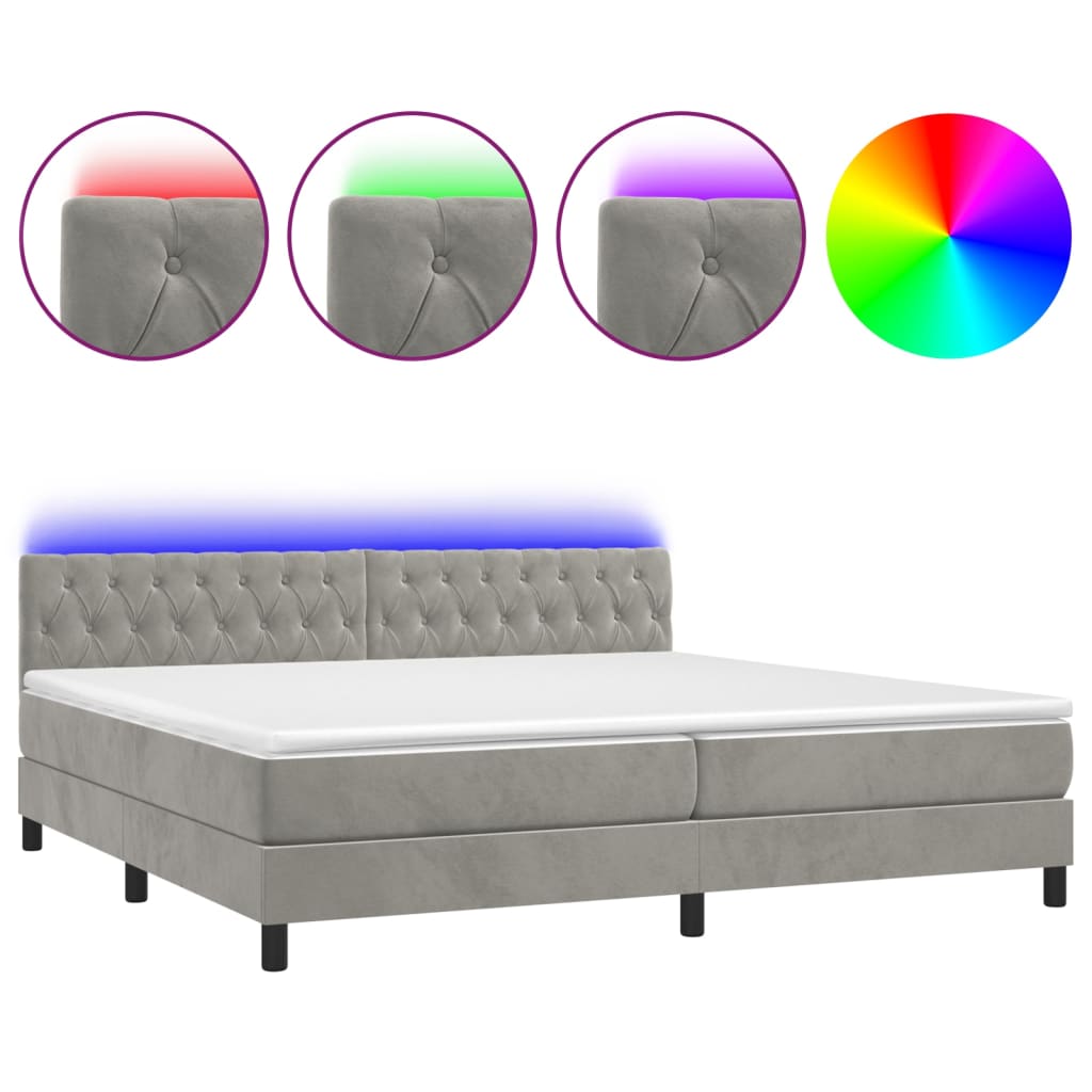 világosszürke bársony rugós és LED-es ágy matraccal 200x200 cm