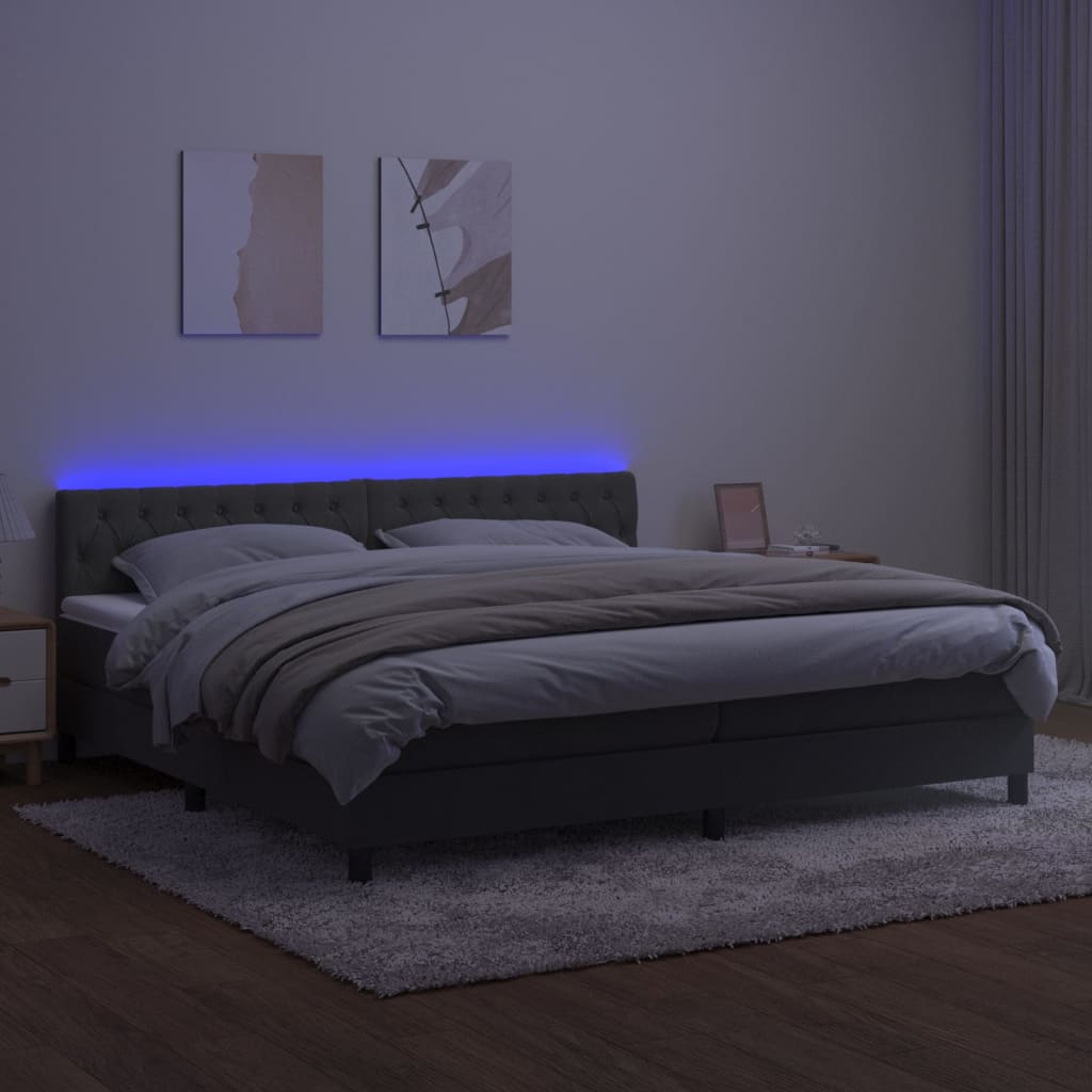 sötétszürke bársony rugós és LED-es ágy matraccal 200x200 cm