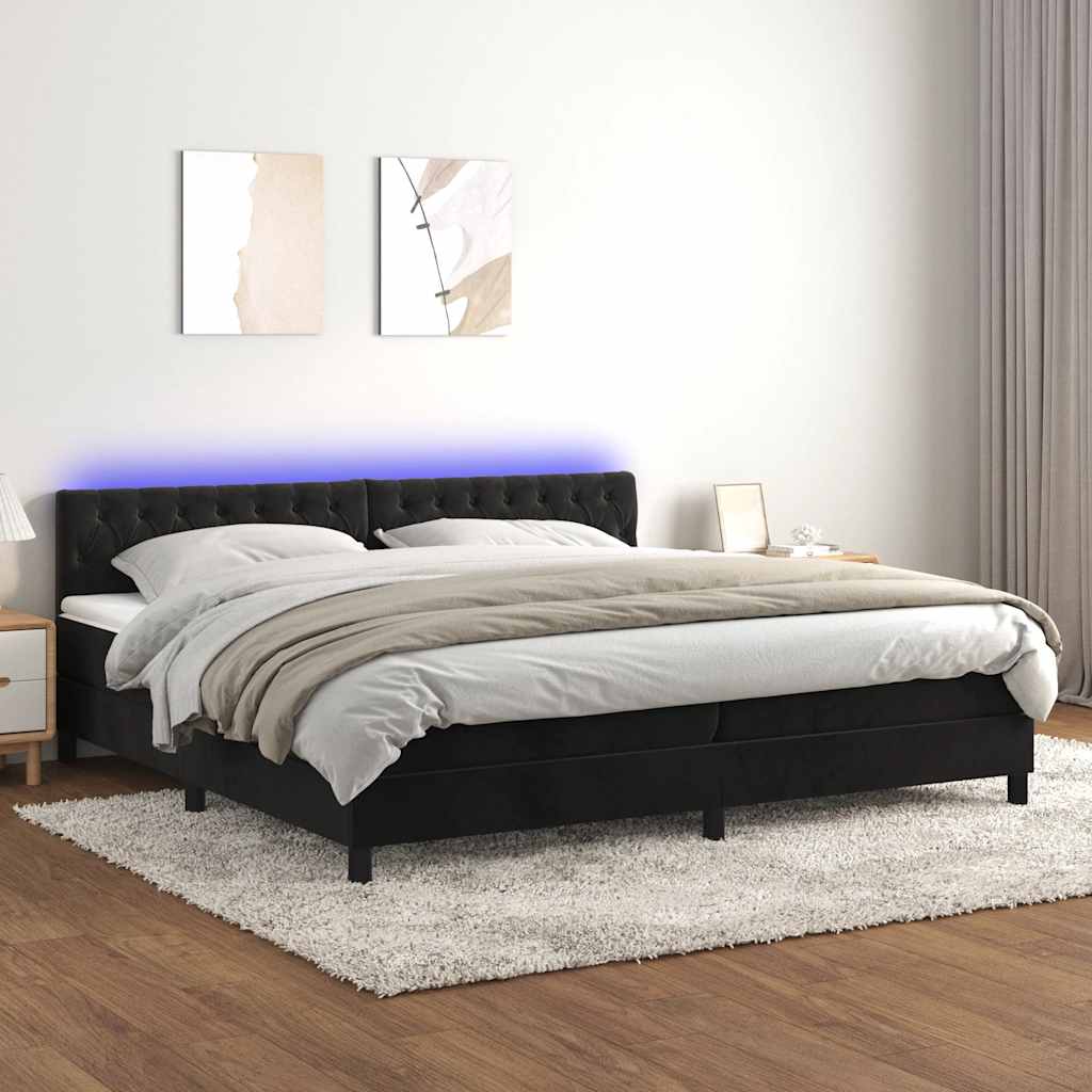 fekete bársony rugós és LED-es ágy matraccal 200x200 cm