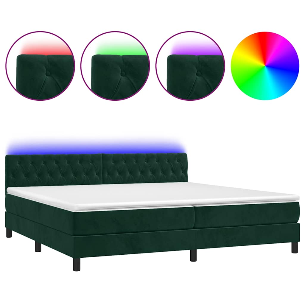 sötétzöld bársony rugós és LED-es ágy matraccal 200x200 cm