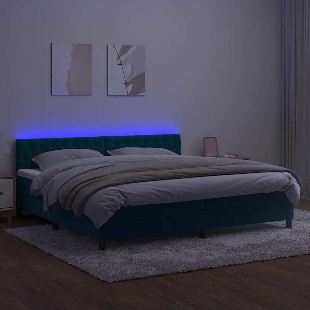 sötétkék bársony rugós és LED-es ágy matraccal 200x200 cm