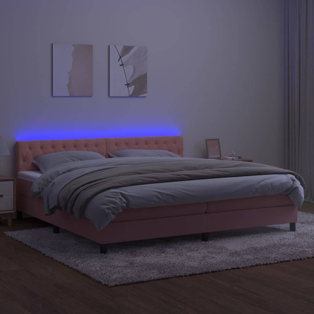 rózsaszín bársony rugós és LED-es ágy matraccal 200x200 cm