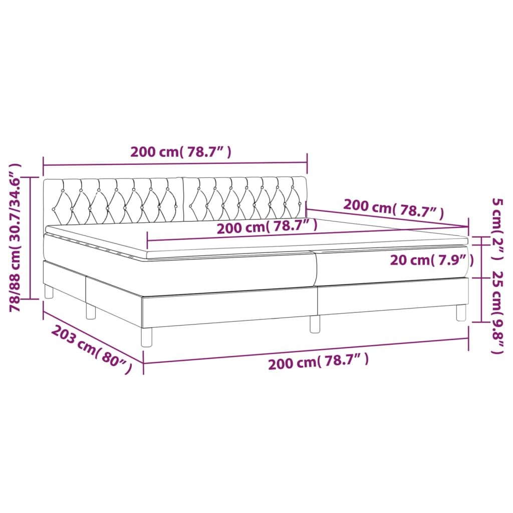 rózsaszín bársony rugós és LED-es ágy matraccal 200x200 cm