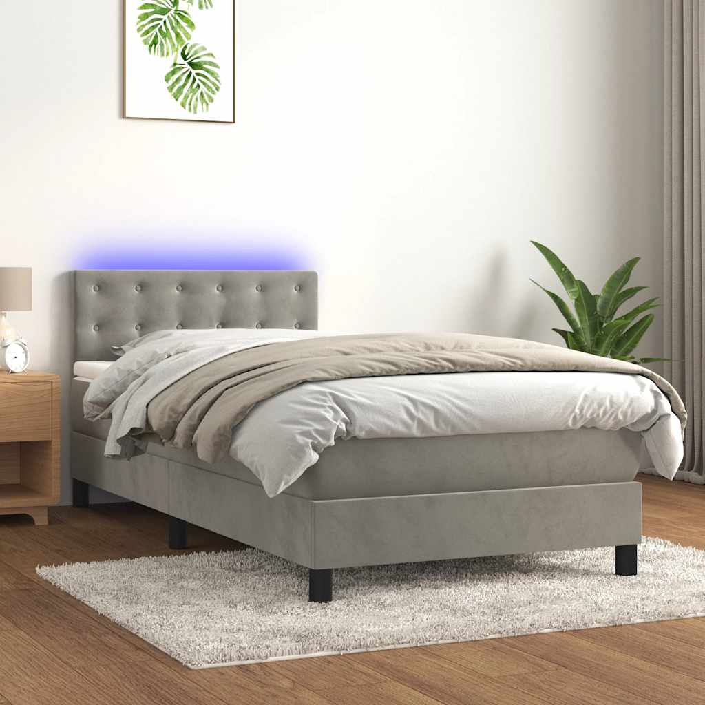 világosszürke bársony rugós és LED-es ágy matraccal 80 x 200 cm