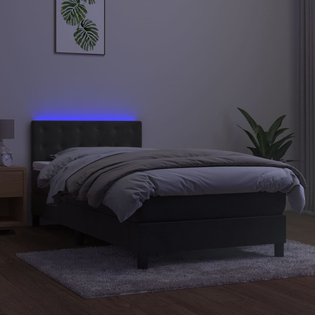 sötétszürke bársony rugós és LED-es ágy matraccal 80 x 200 cm