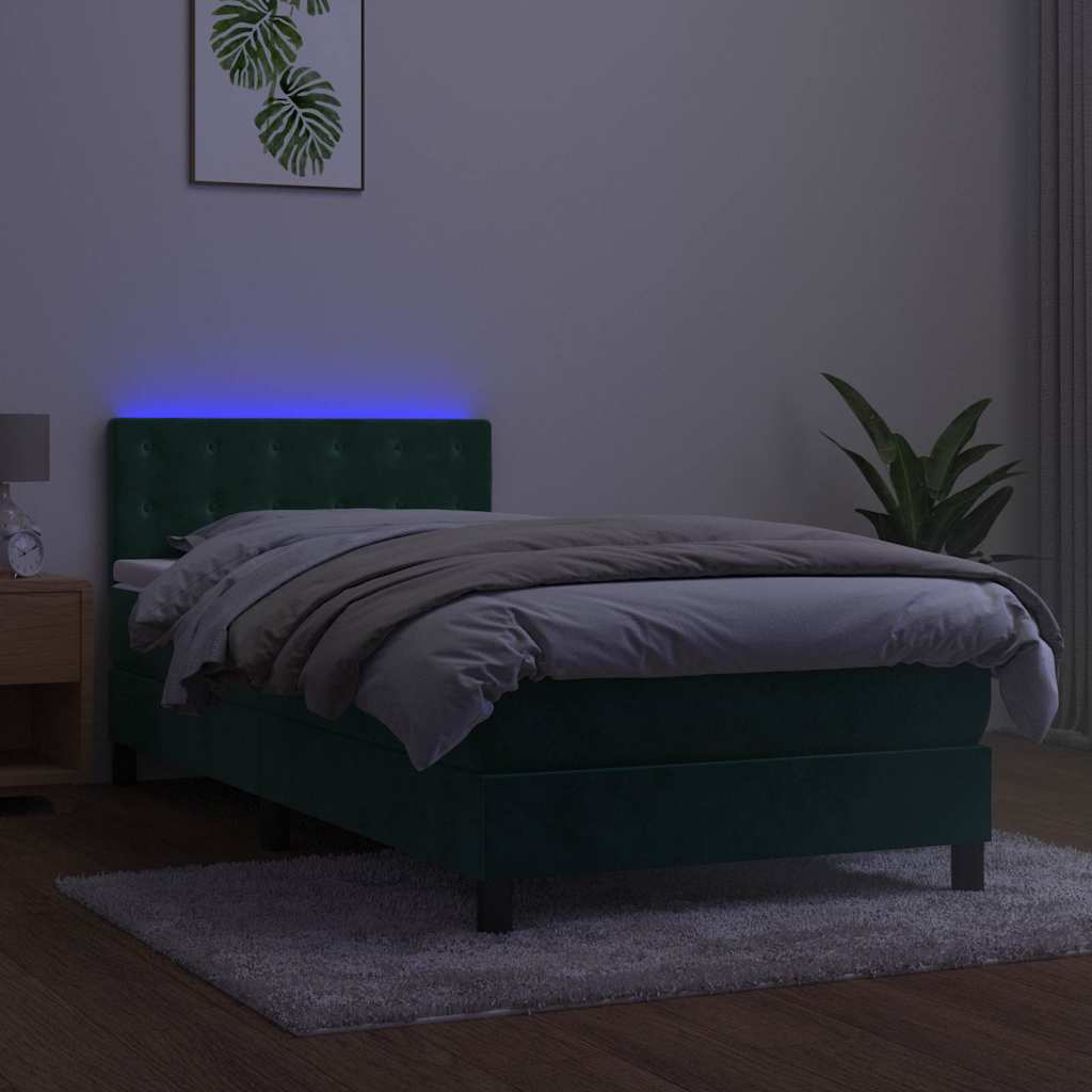 sötétzöld bársony rugós és LED-es ágy matraccal 80 x 200 cm
