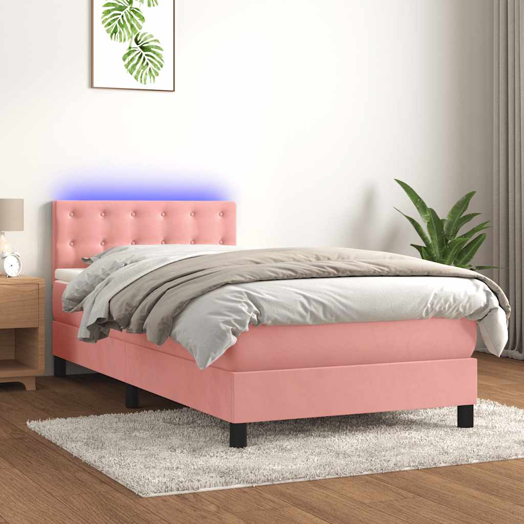 rózsaszín bársony rugós és LED-es ágy matraccal 80 x 200 cm