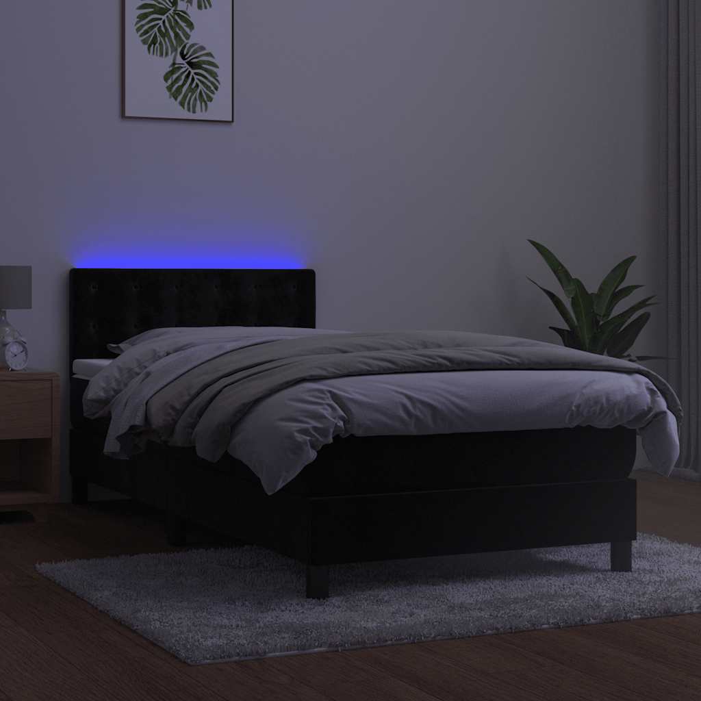 fekete bársony rugós és LED-es ágy matraccal 90x190 cm