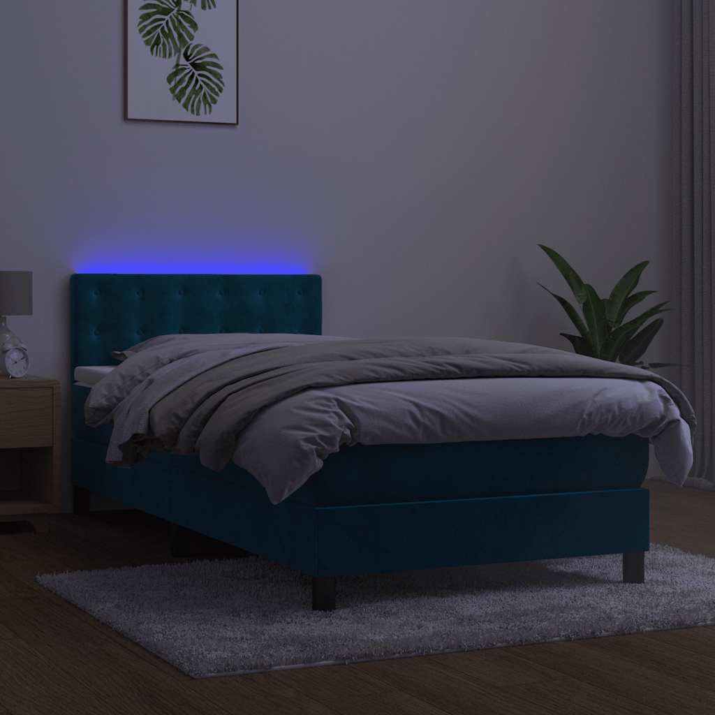 sötétkék bársony rugós és LED-es ágy matraccal 90x190 cm