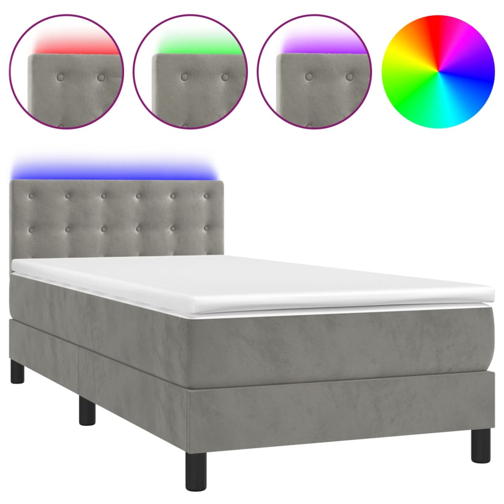 világosszürke bársony rugós és LED-es ágy matraccal 90x200 cm