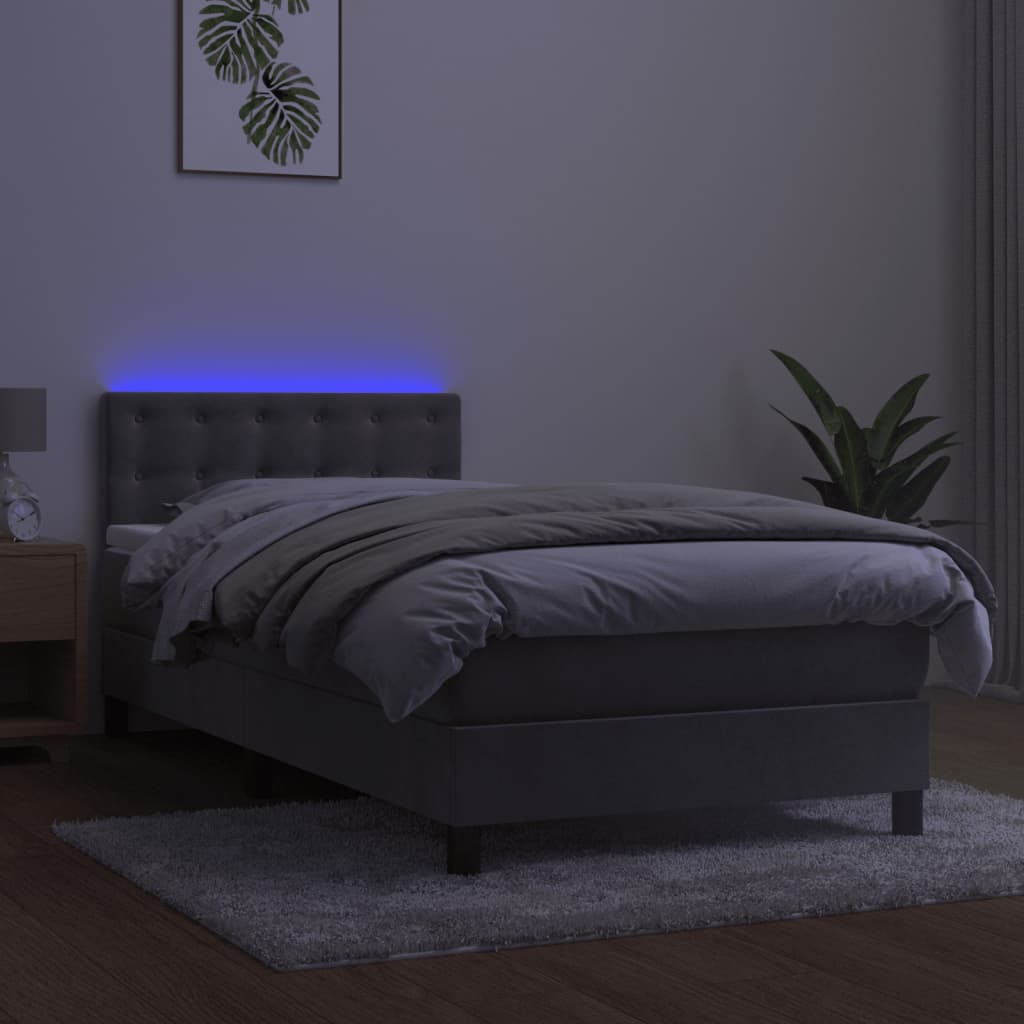 világosszürke bársony rugós és LED-es ágy matraccal 90x200 cm