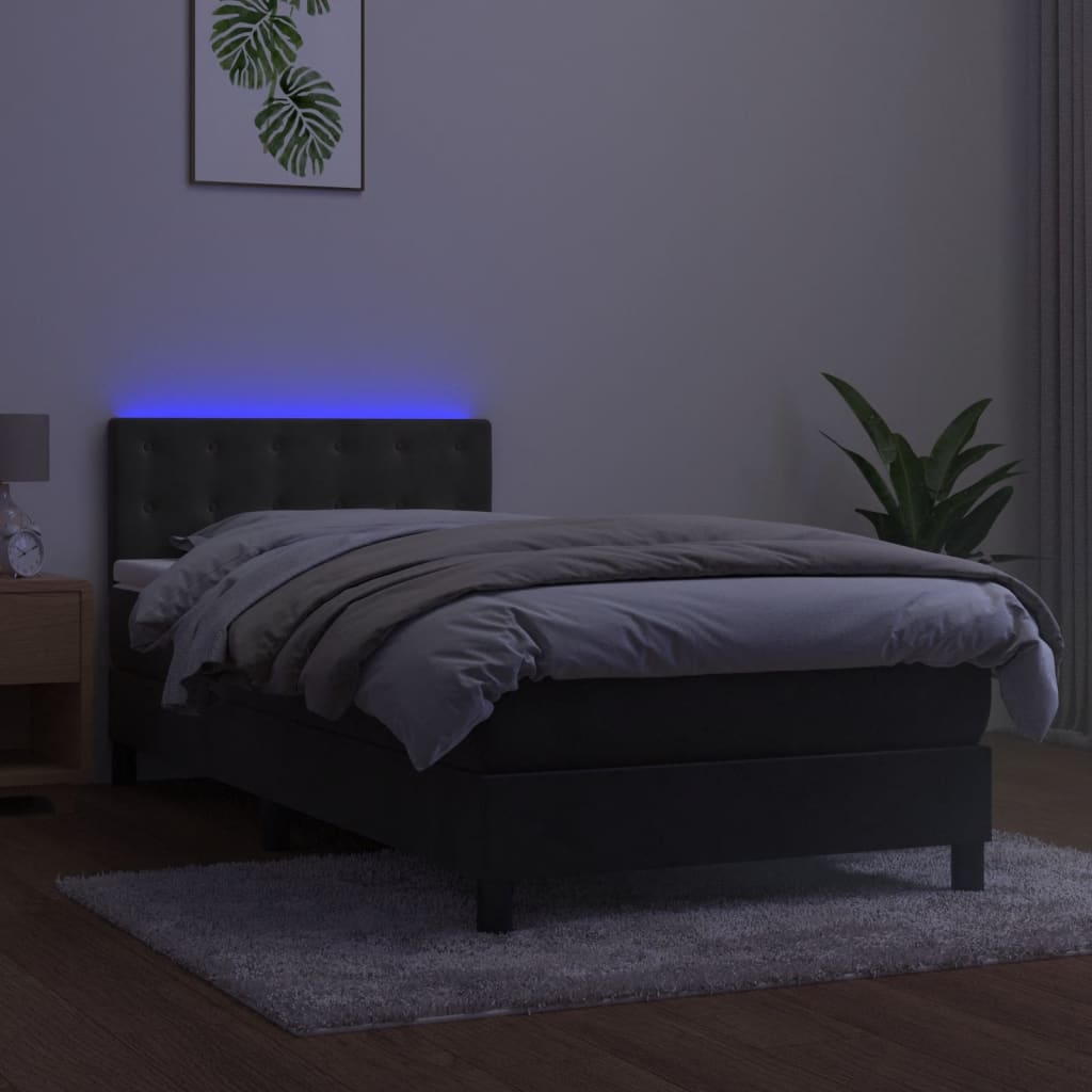sötétszürke bársony rugós és LED-es ágy matraccal 90x200 cm