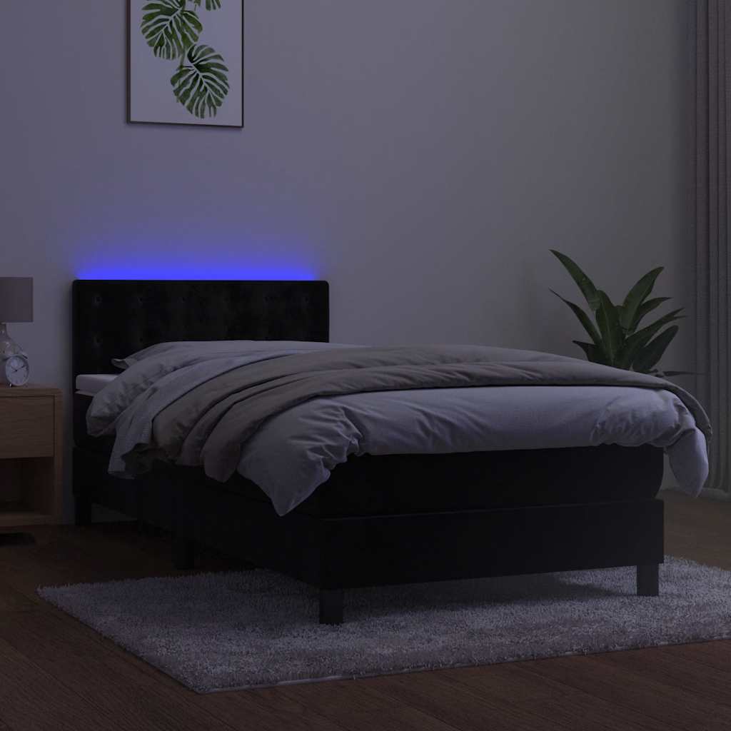 fekete bársony rugós és LED-es ágy matraccal 90x200 cm