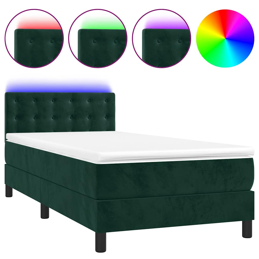 sötétzöld bársony rugós és LED-es ágy matraccal 90x200 cm