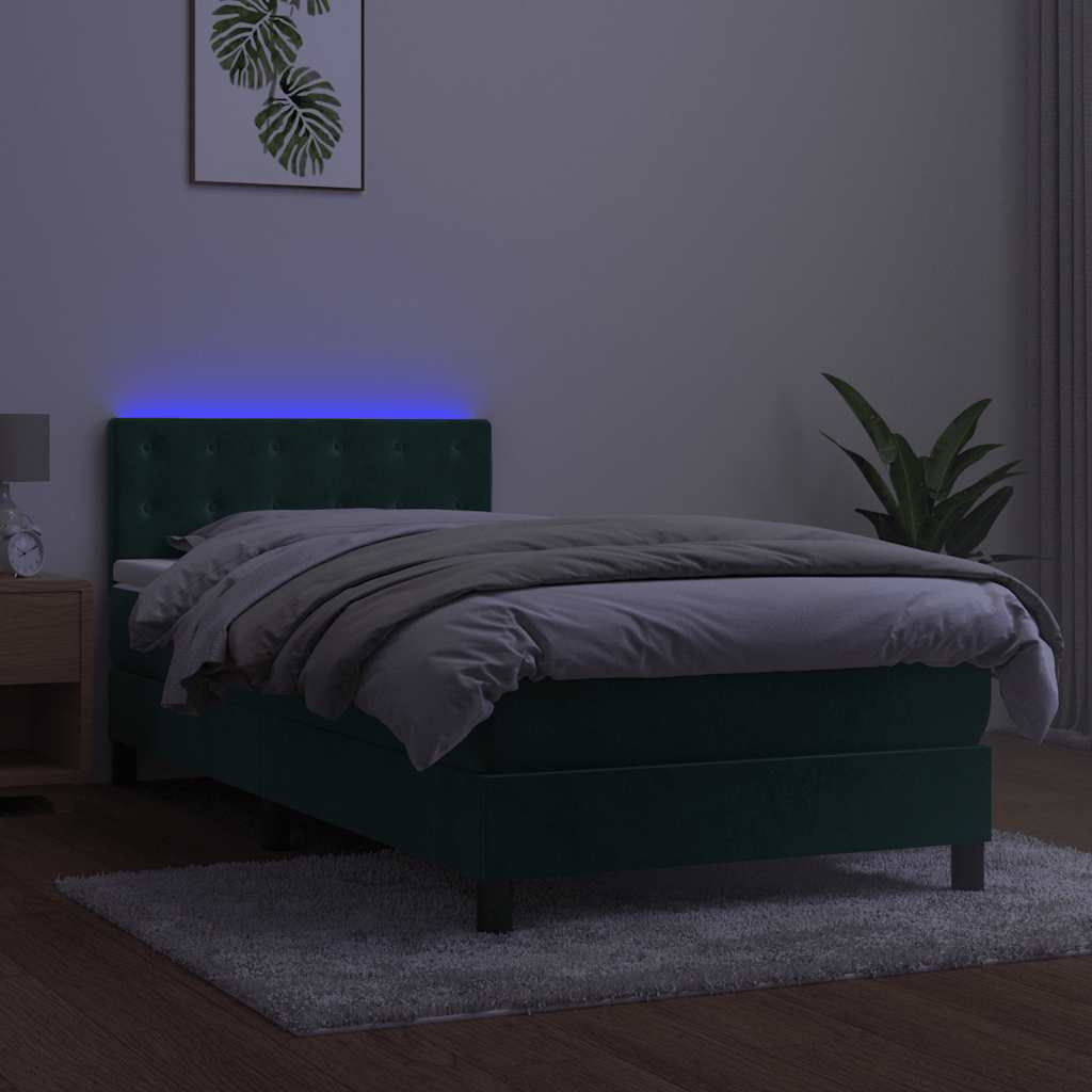 sötétzöld bársony rugós és LED-es ágy matraccal 90x200 cm