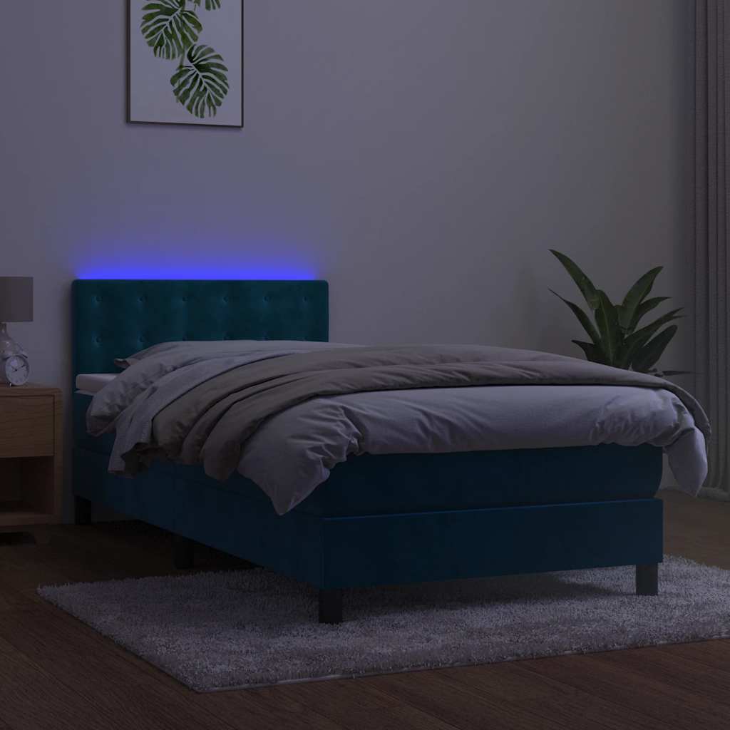 sötétkék bársony rugós és LED-es ágy matraccal 90x200 cm