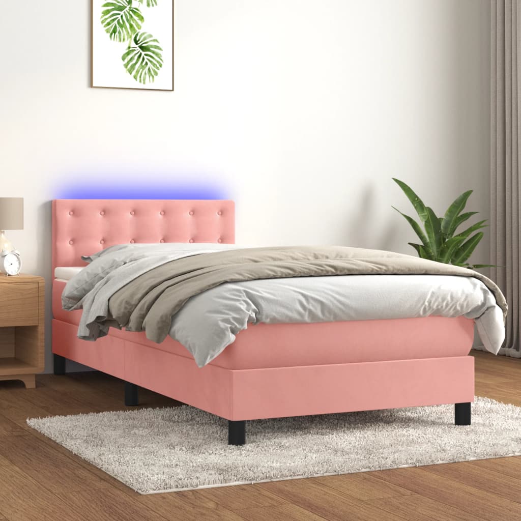 rózsaszín bársony rugós és LED-es ágy matraccal 90x200 cm