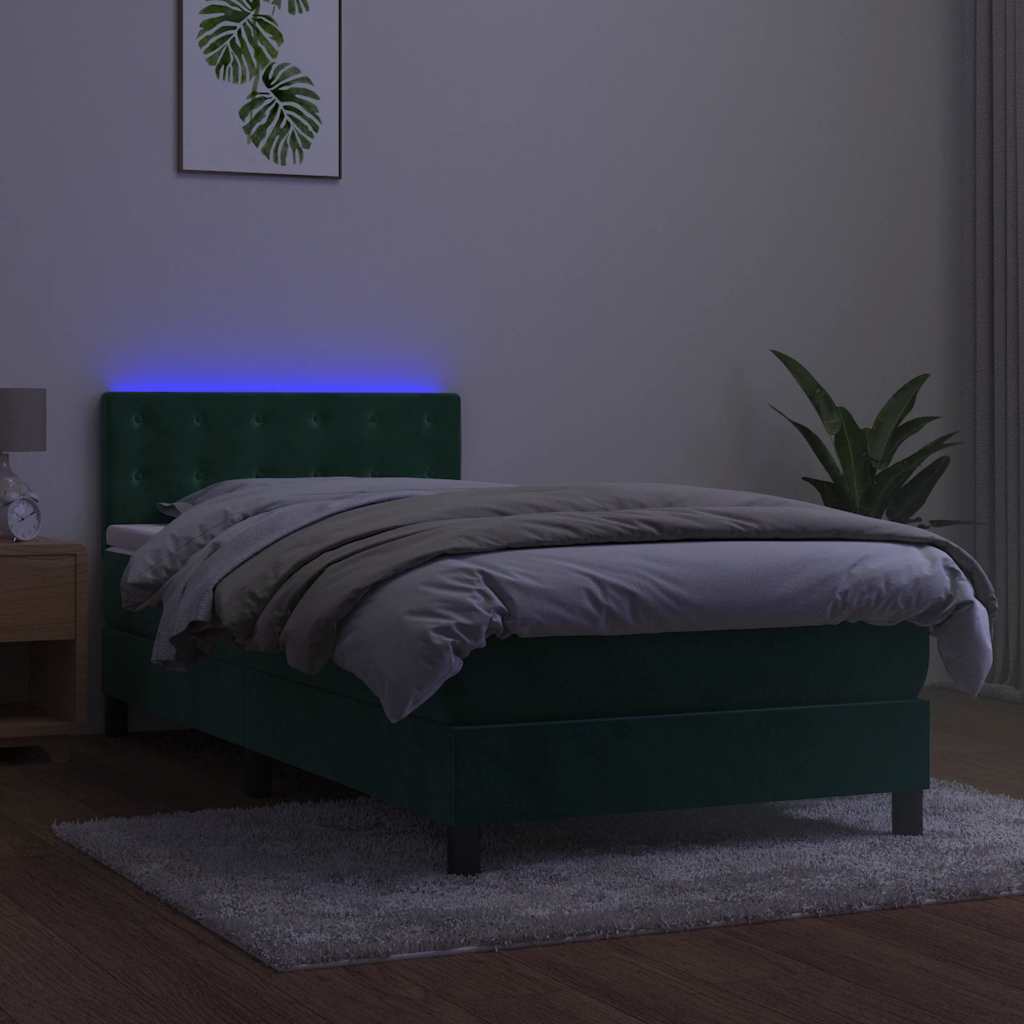 sötétzöld bársony rugós és LED-es ágy matraccal 100x200 cm