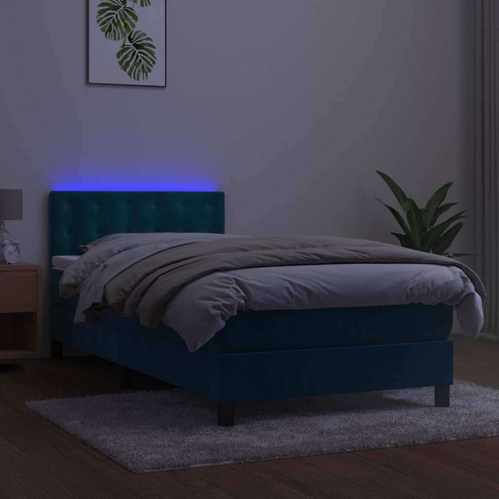 sötétkék bársony rugós és LED-es ágy matraccal 100x200 cm