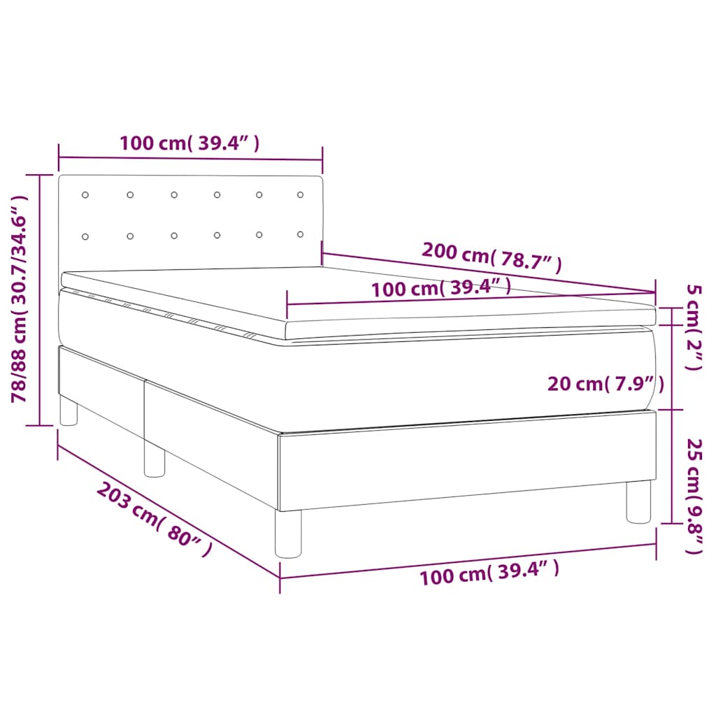 sötétkék bársony rugós és LED-es ágy matraccal 100x200 cm