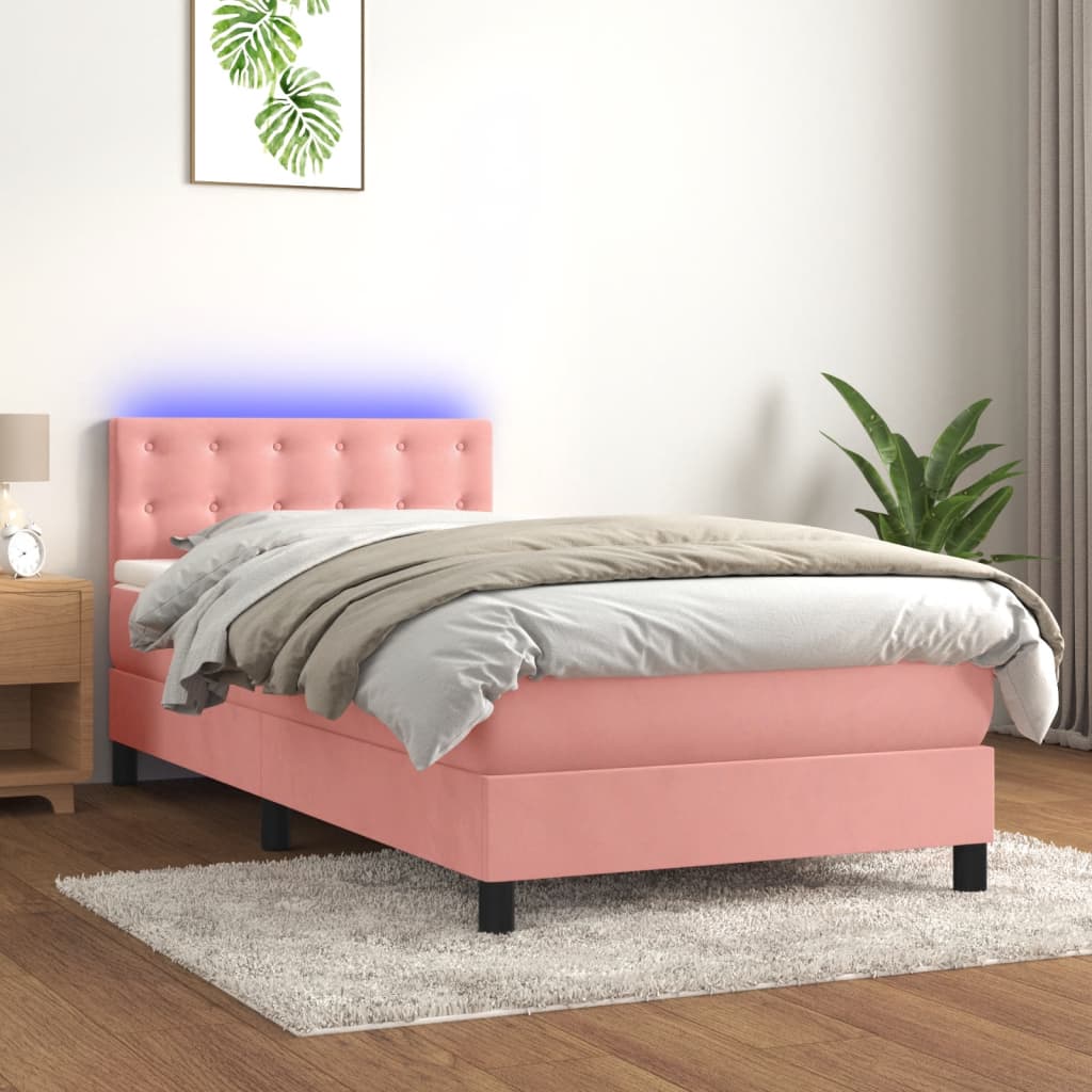rózsaszín bársony rugós és LED-es ágy matraccal 100x200 cm