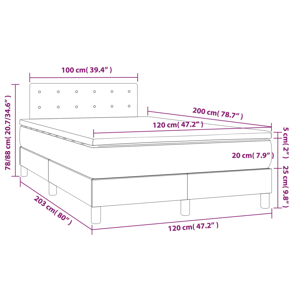 világosszürke bársony rugós és LED-es ágy matraccal 120x200 cm
