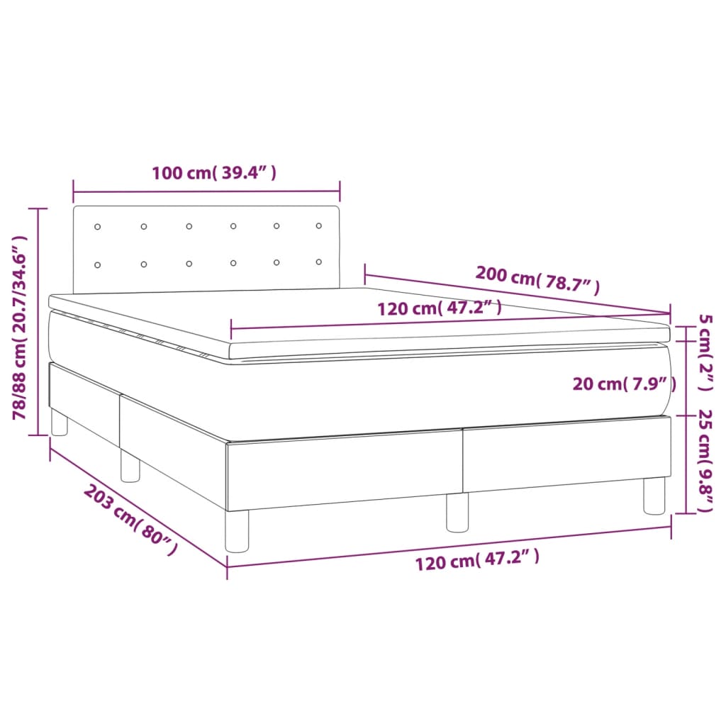 sötétszürke bársony rugós és LED-es ágy matraccal 120x200 cm