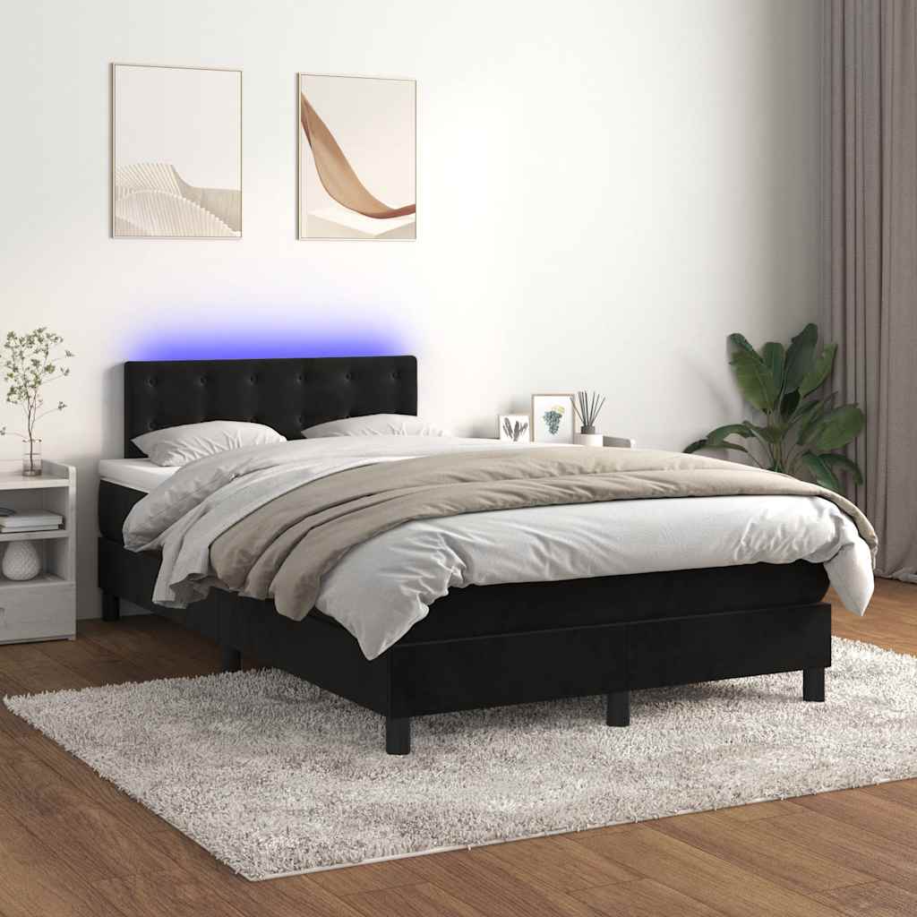 fekete bársony rugós és LED-es ágy matraccal 120x200 cm