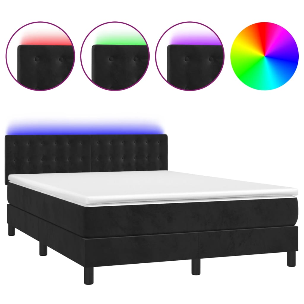fekete bársony rugós és LED-es ágy matraccal 140x190 cm