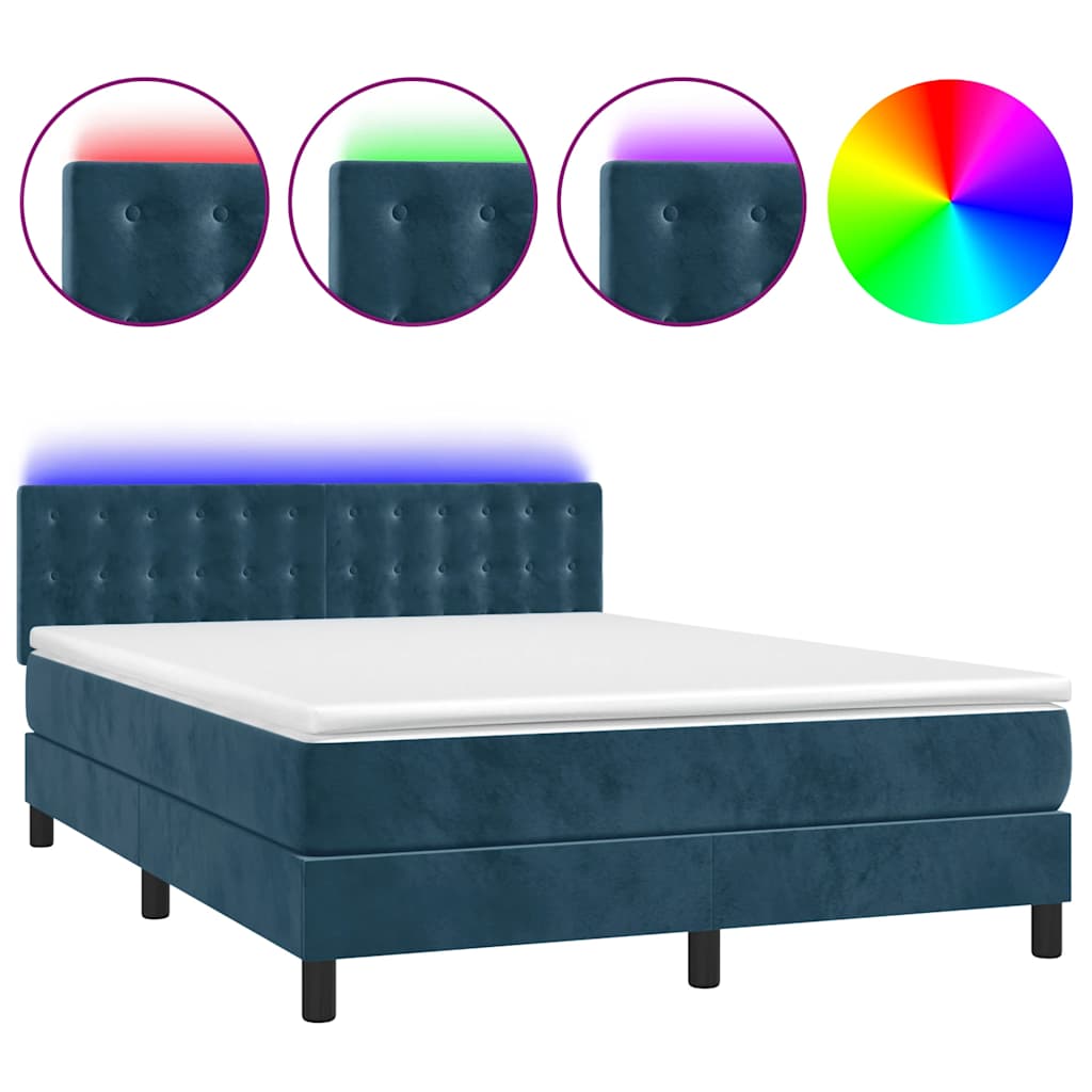 sötétkék bársony rugós és LED-es ágy matraccal 140x190 cm