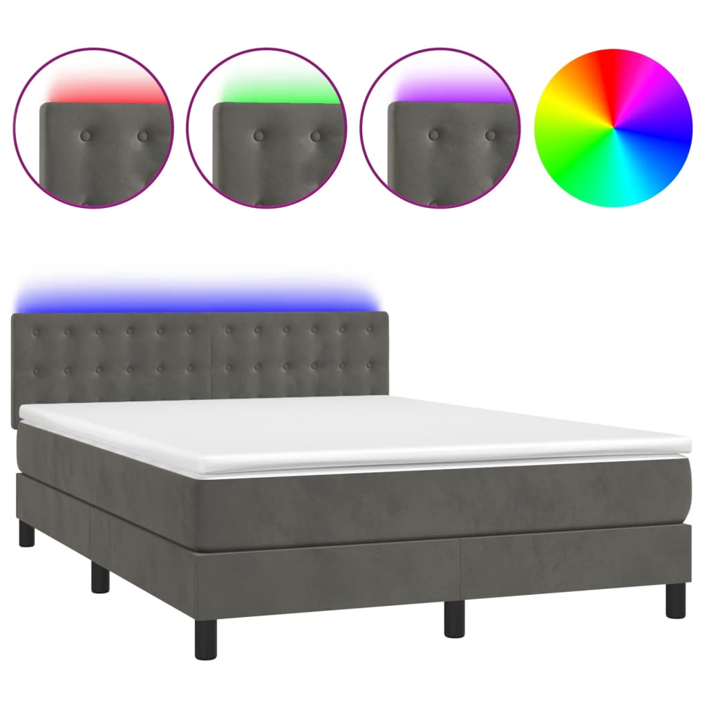 sötétszürke bársony rugós és LED-es ágy matraccal 140x200 cm