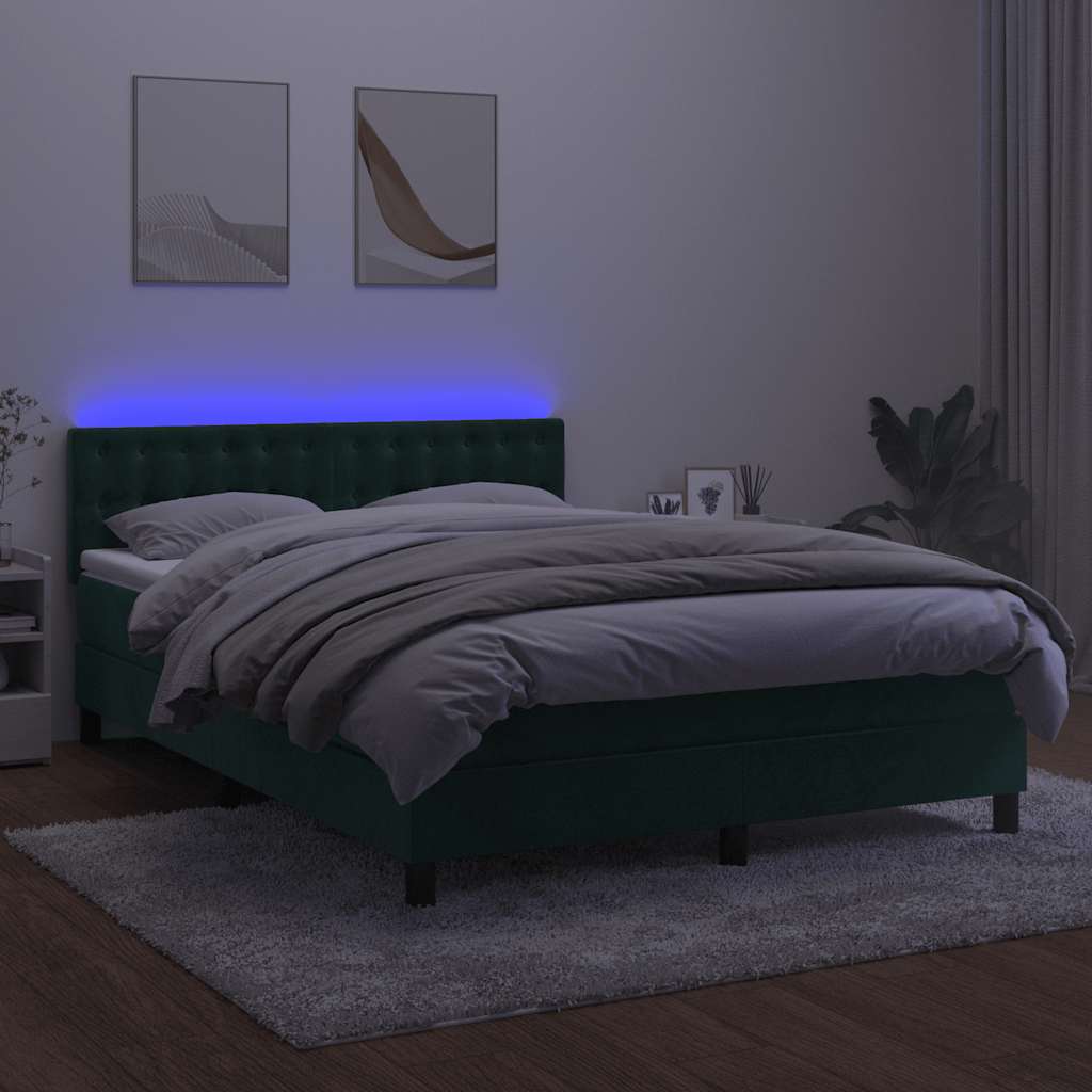 sötétzöld bársony rugós és LED-es ágy matraccal 140x200 cm