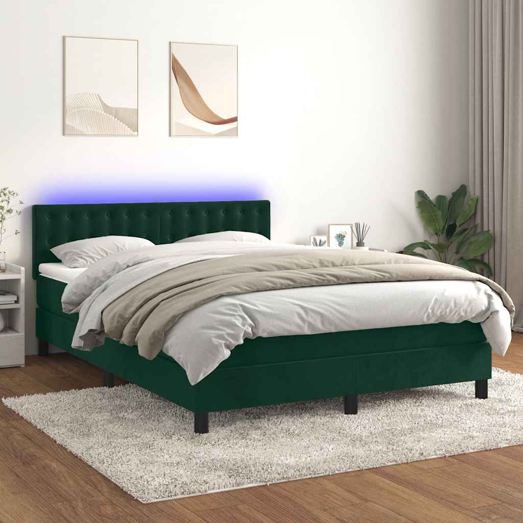 sötétzöld bársony rugós és LED-es ágy matraccal 140x200 cm