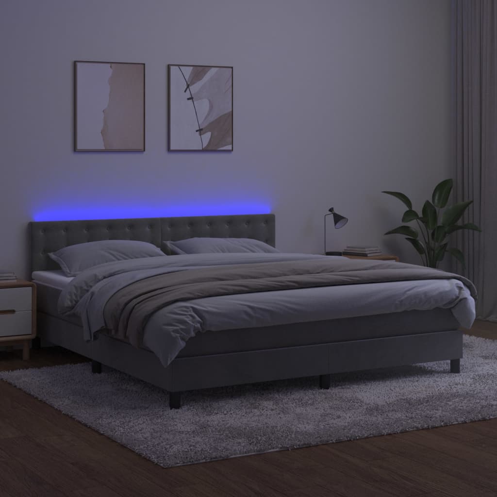 világosszürke bársony rugós és LED-es ágy matraccal 160x200 cm