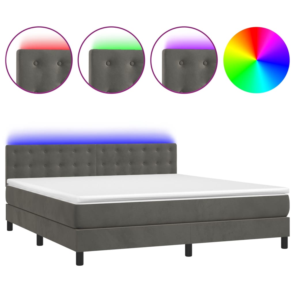 sötétszürke bársony rugós és LED-es ágy matraccal 160x200 cm