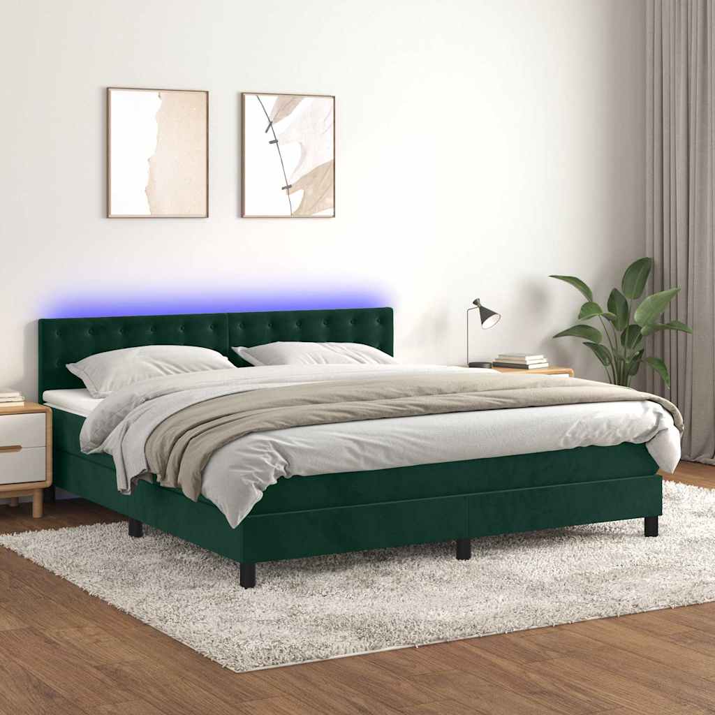 sötétzöld bársony rugós és LED-es ágy matraccal 160x200 cm