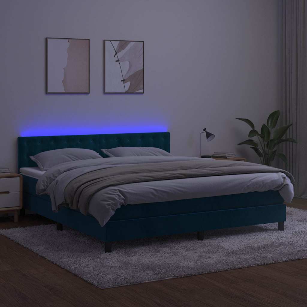 sötétkék bársony rugós és LED-es ágy matraccal 160x200 cm