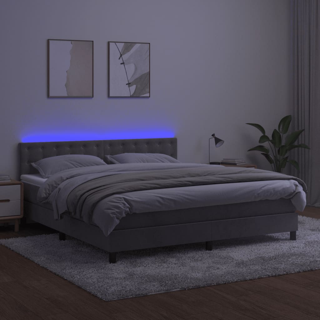 világosszürke bársony rugós és LED-es ágy matraccal 180x200 cm