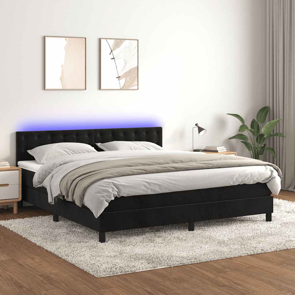 fekete bársony rugós és LED-es ágy matraccal 180x200 cm
