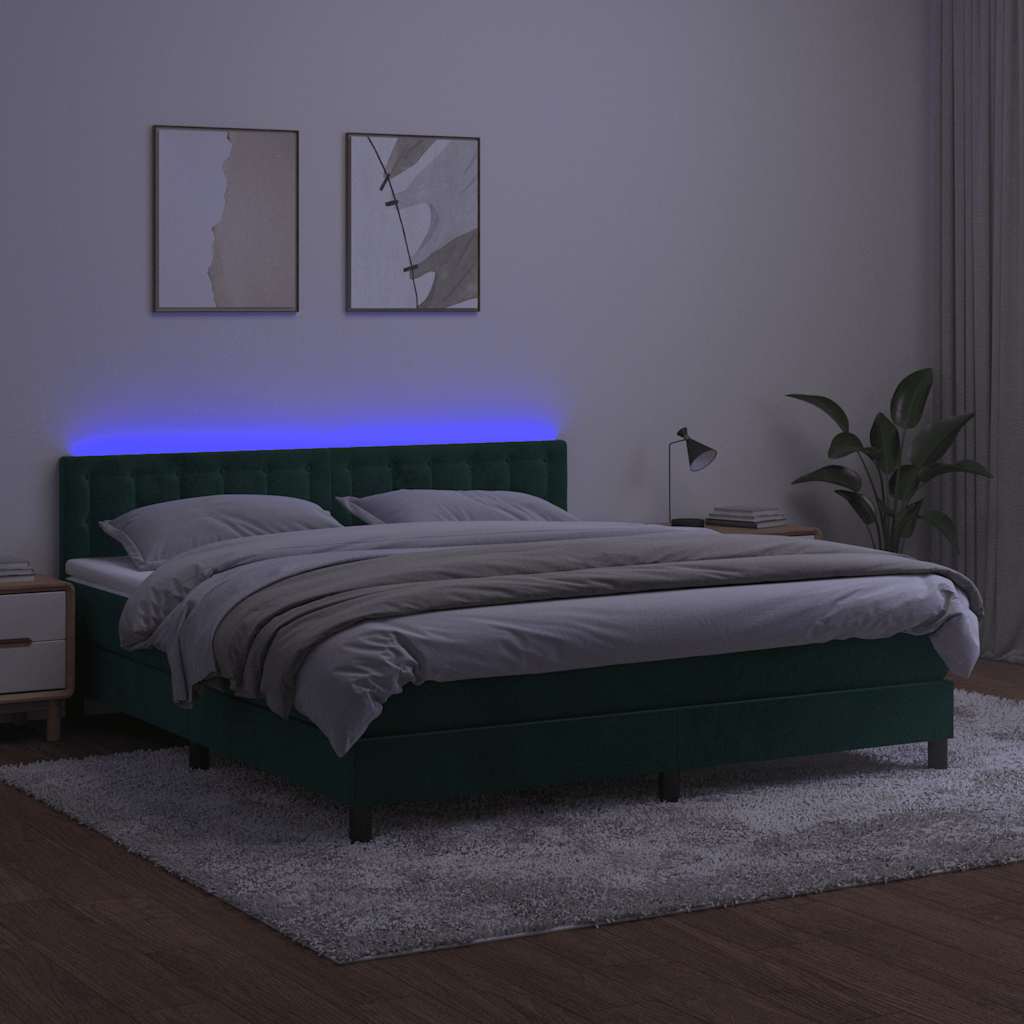 sötétzöld bársony rugós és LED-es ágy matraccal 180x200 cm