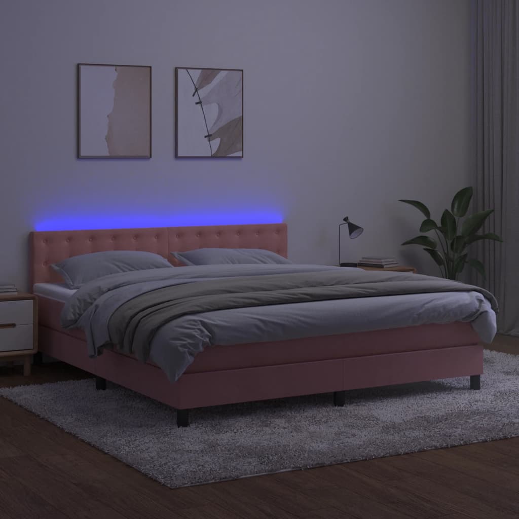 rózsaszín bársony rugós és LED-es ágy matraccal 180x200 cm