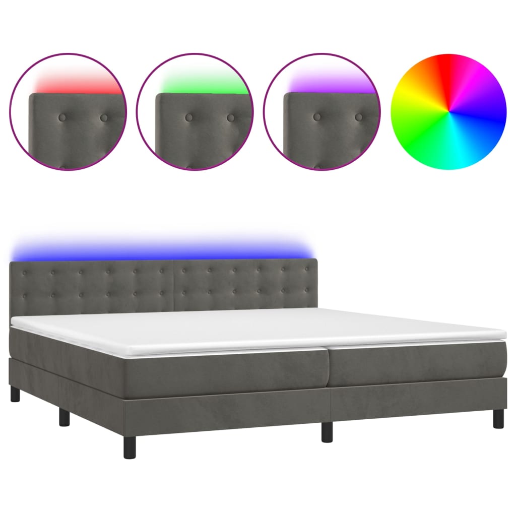sötétszürke bársony rugós és LED-es ágy matraccal 200x200 cm