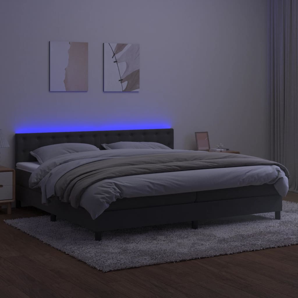 sötétszürke bársony rugós és LED-es ágy matraccal 200x200 cm