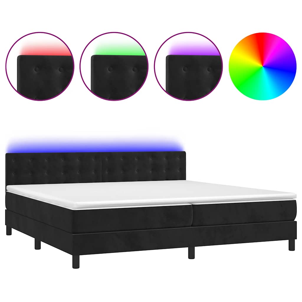 fekete bársony rugós és LED-es ágy matraccal 200x200 cm