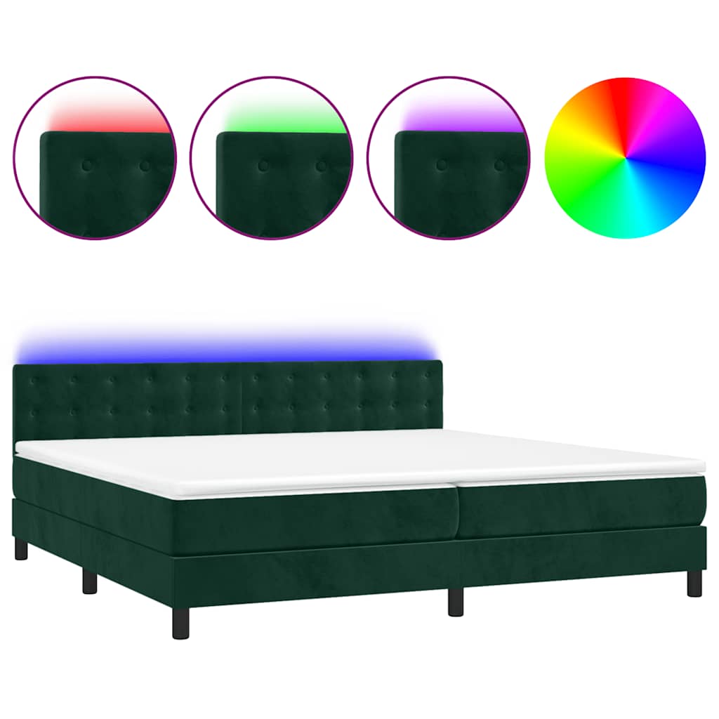 sötétzöld bársony rugós és LED-es ágy matraccal 200x200 cm