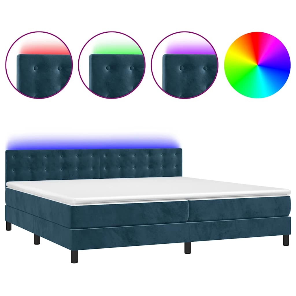 sötétkék bársony rugós és LED-es ágy matraccal 200x200 cm