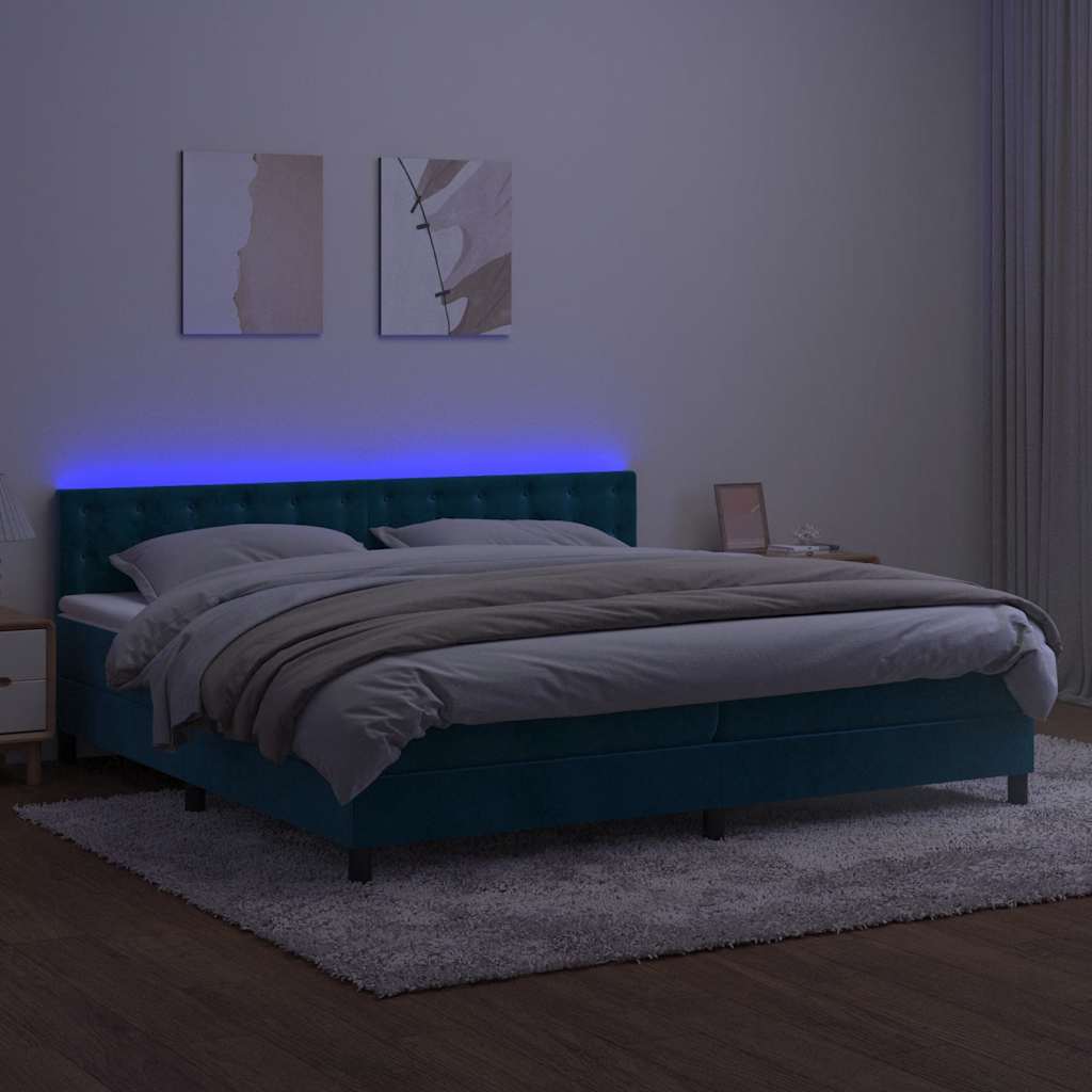 sötétkék bársony rugós és LED-es ágy matraccal 200x200 cm