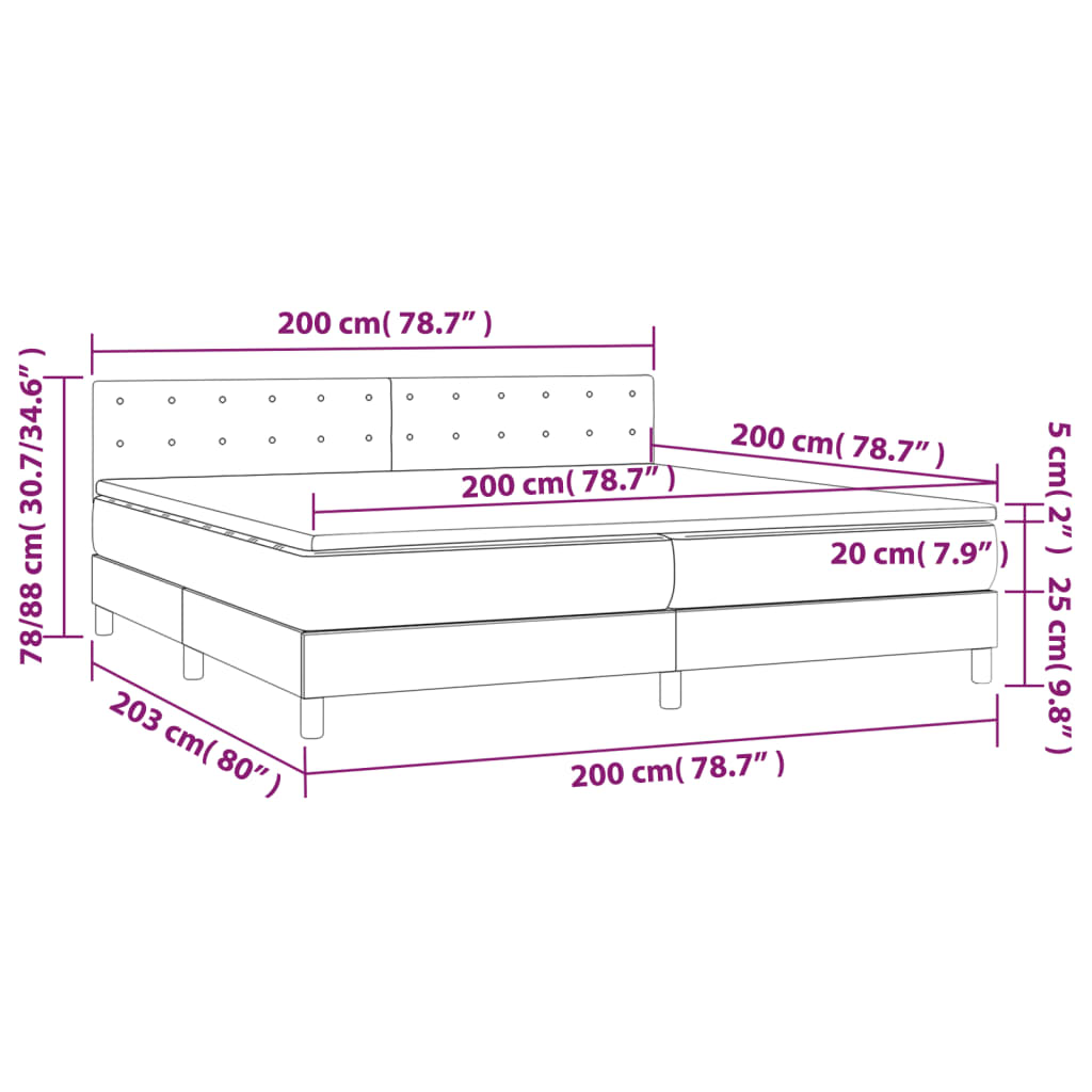 rózsaszín bársony rugós és LED-es ágy matraccal 200x200 cm